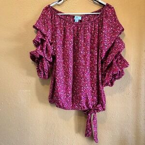 CeCe Pink Heart Print Off Shoulder Ruffle Sleeve Tie Hem Blouse Large